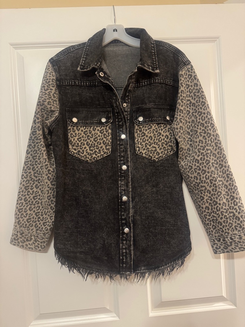 Unlisted Black Denim Jean Jacket with Leopard Print Sleeves